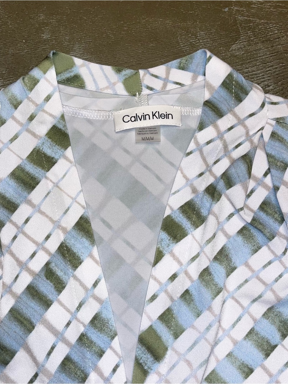Calvin Klein White, Light Blue & Olive Green Sleeveless V-Neck Blouse - Picture 4 of 7
